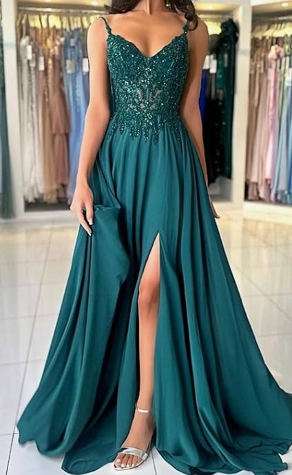 JAEDEN Spaghettiträger Brautjungfernkleider Chiffon Lang Abendkleider Perlen Spitze A-Linie Ballkleider&nbsp;