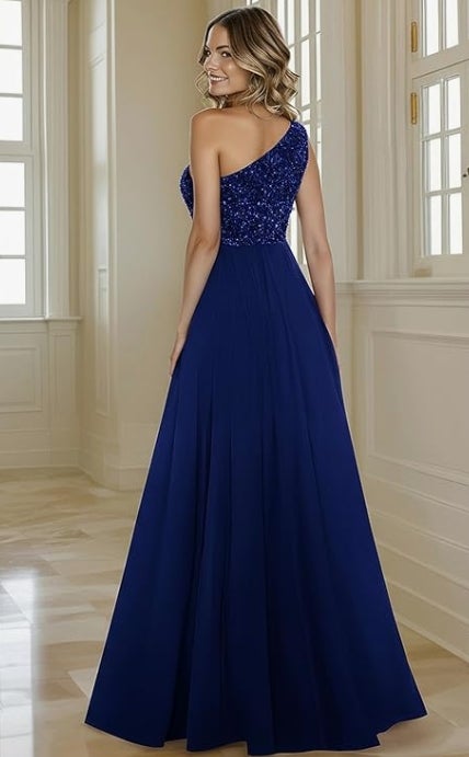 HOMEYEE Damen Elegant Pailletten Mesh Eine Schulter Glitzer Ballkleid Sexy Rückenfrei Abendkleider A-Linie&nbsp;