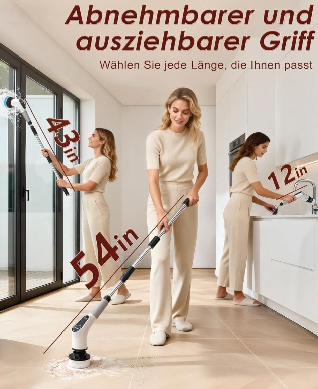 Elektrische Reinigungsbürste, 8 in 1 Electric Cleaning Brush mit austauschbaren Bohrbürstenköpfen, Wanne mopSet, Elektrische Putzbürste mit Verstellbarem Griff für Bad Küche Auto Fußboden 