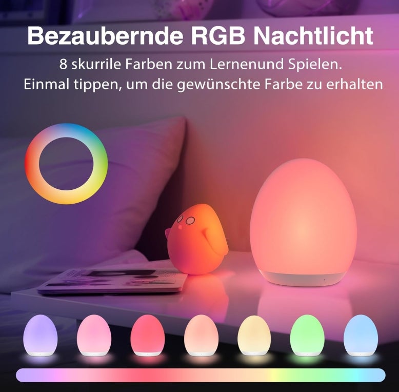 JolyWell Nachtlicht Kinder, Stilllicht Baby mit 8 Farbwechselmodi und Dimmfunktion, Touch-Steuerung und Timer-Einstellung, Baby-Eierlampe zum Stillen, Nachttischlampe 
