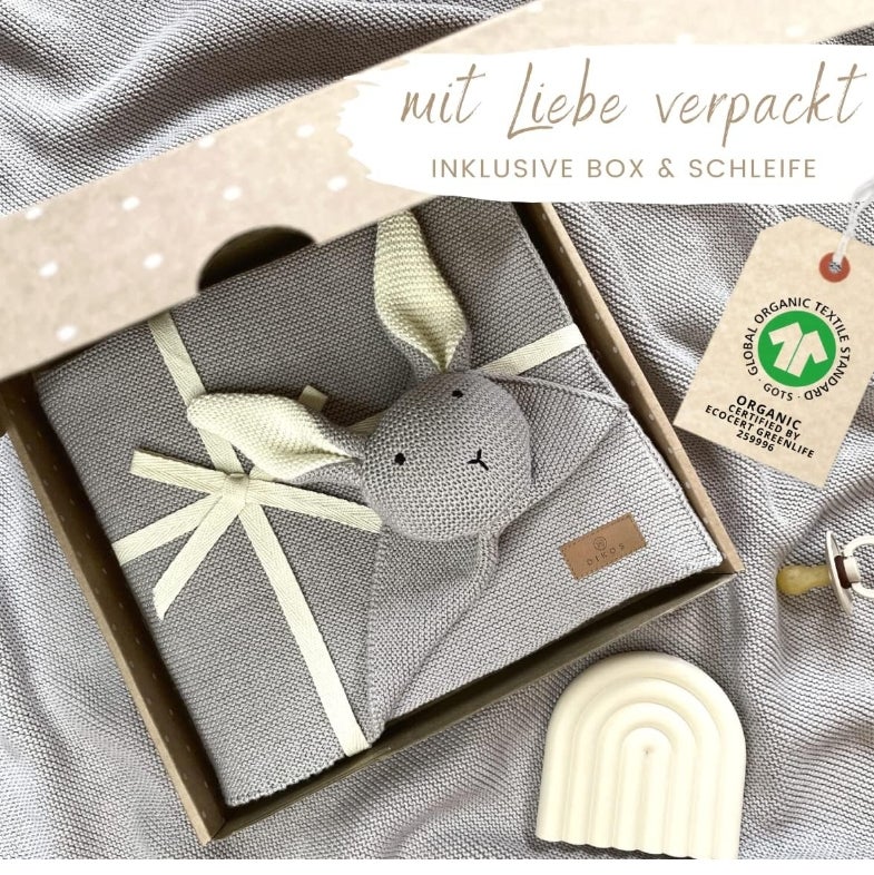 DIKOS Original 2-in-1 Babydecke & Kuscheltuch SCHMUSE-Hase (grau) – schönes Geschenk zur Geburt für Neugeborene Mädchen/Junge 