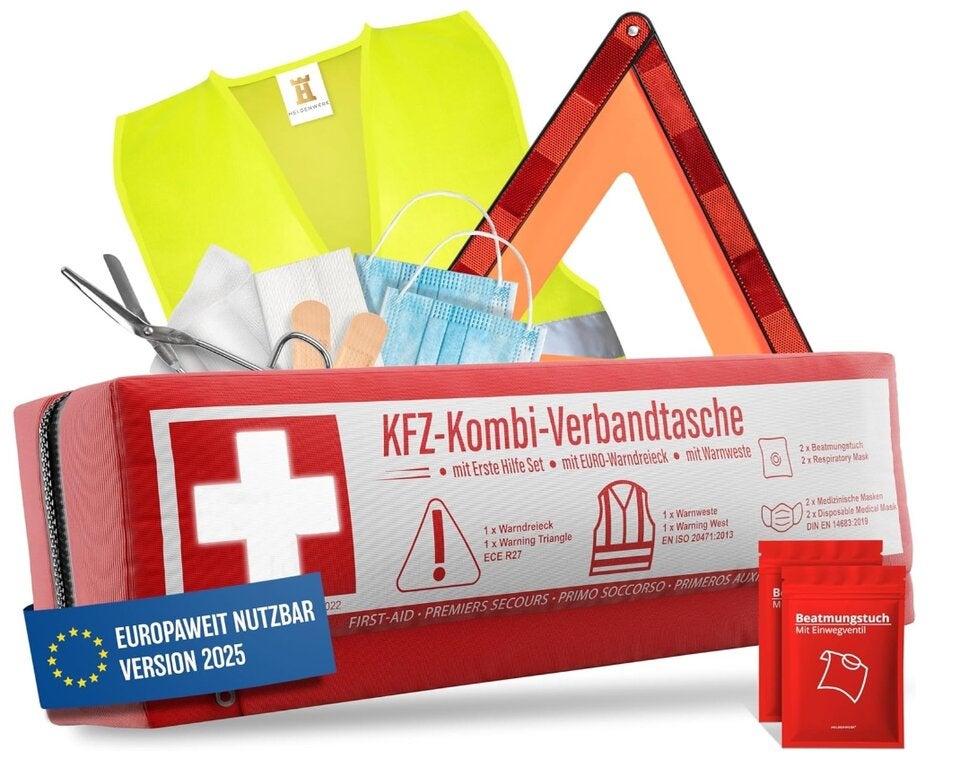KFZ Kombitasche (3 in 1) nach aktueller Norm 2026 - Inkl. Warndreieck, Warnweste - Verbandskasten Warndreieck Set Verbandskasten Auto DIN 13164:2022 (StVO konform) 