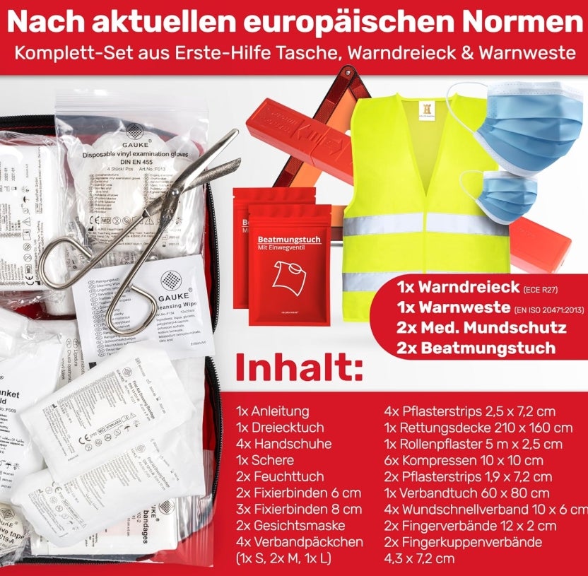 KFZ Kombitasche (3 in 1) nach aktueller Norm 2026 - Inkl. Warndreieck, Warnweste - Verbandskasten Warndreieck Set Verbandskasten Auto DIN 13164:2022 (StVO konform)