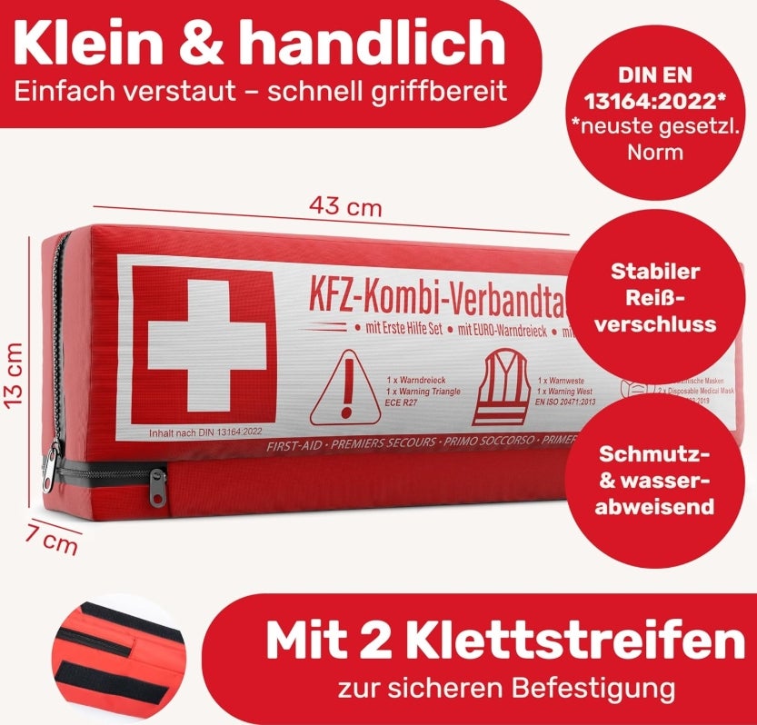KFZ Kombitasche (3 in 1) nach aktueller Norm 2026 - Inkl. Warndreieck, Warnweste - Verbandskasten Warndreieck Set Verbandskasten Auto DIN 13164:2022 (StVO konform) 