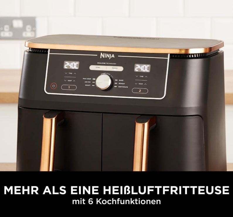 Ninja Foodi MAX Dual Zone Heißluftfritteuse [AF400EUCP] Amazon Exclusive, ‎2470 Watt , 9,5 L, 2 Heißluft-Frittierfächer, 6 Funktionen, 27 x 41.5 x 32.5 cm, Kupfer/Schwarz 