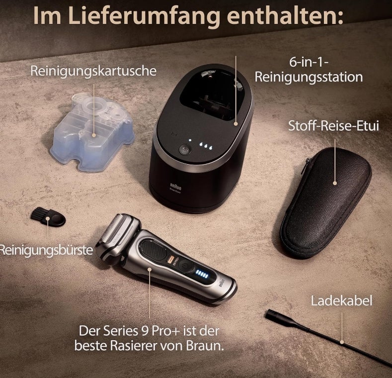 Braun Series 9 Pro+ Rasierer Herren Elektrisch, Elektrorasierer mit 5 Pro Rasierelementen, Rasierapparat ProTrimmer & Reinigungsstation, 60 Min Laufzeit, Made in Germany, 9567cc, Silber