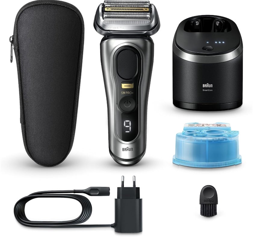 Braun Series 9 Pro+ Rasierer Herren Elektrisch, Elektrorasierer mit 5 Pro Rasierelementen, Rasierapparat ProTrimmer & Reinigungsstation, 60 Min Laufzeit, Made in Germany, 9567cc, Silber