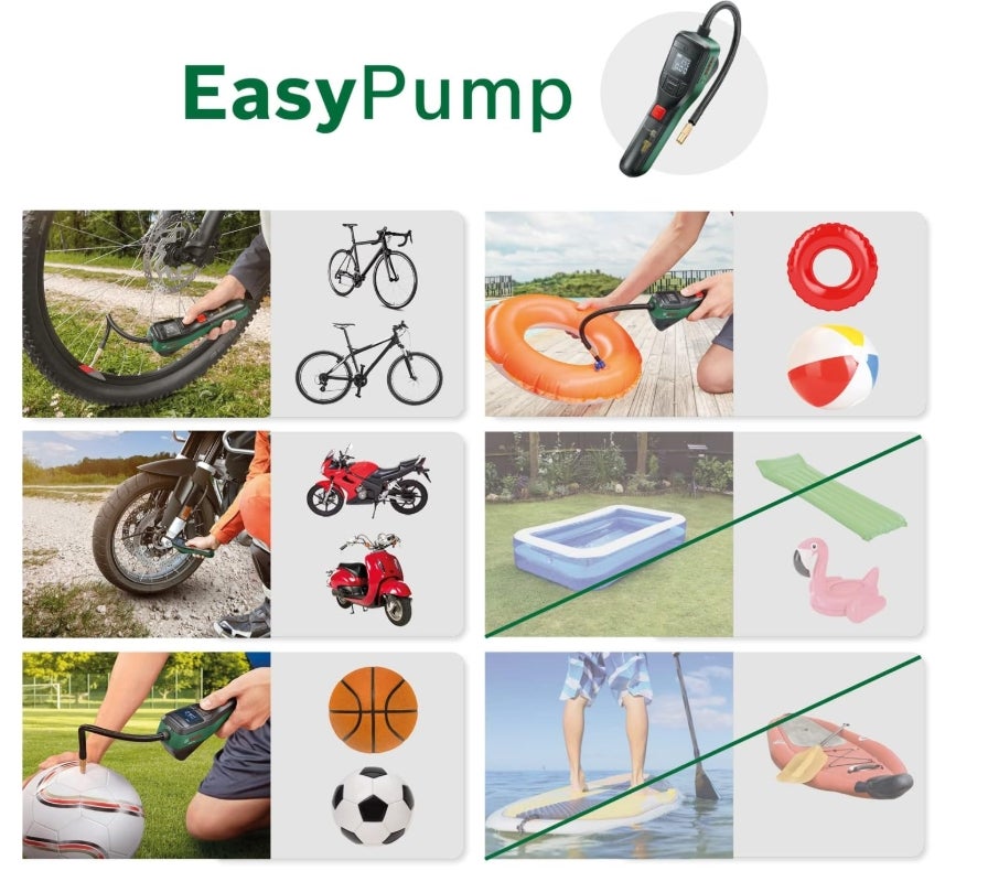 Bosch elektrische Fahrradpumpe/Luftpumpe/Mini Kompressor EasyPump (3,0 Ah Akku; 3,6 Volt; Autostop-Funktion; 150 PSI; 10,3 bar; LED; USB-C®; 3X Adapter; Schnellanschlussstecker; Fahrradtasche) 