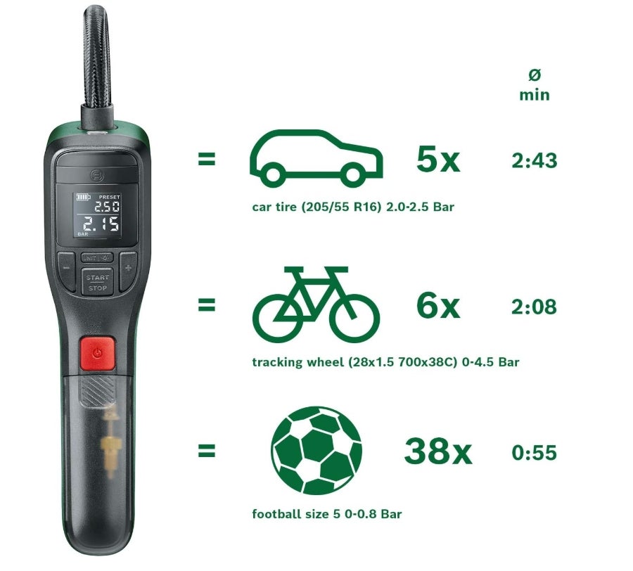 Bosch elektrische Fahrradpumpe/Luftpumpe/Mini Kompressor EasyPump (3,0 Ah Akku; 3,6 Volt; Autostop-Funktion; 150 PSI; 10,3 bar; LED; USB-C®; 3X Adapter; Schnellanschlussstecker; Fahrradtasche) 