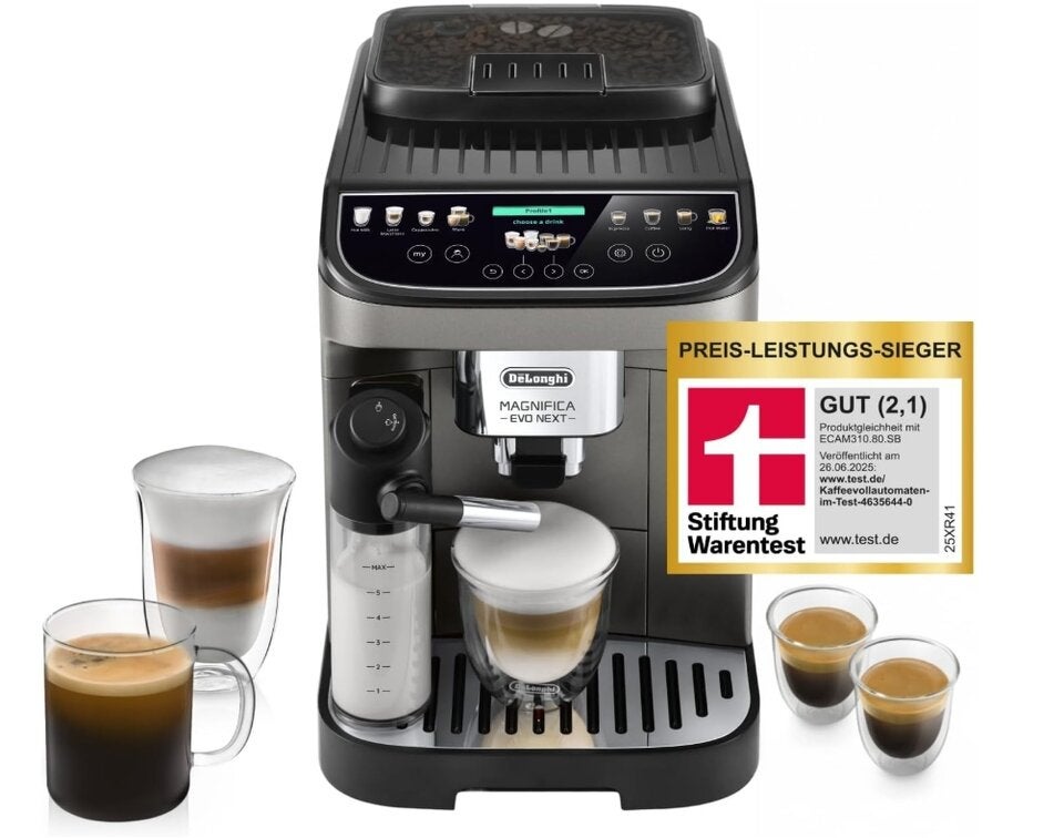 De’Longhi Magnifica Evo Next - Perfetto Kaffeevollautomat mit LatteCrema-Milchaufschäumer, 13 One-Touch-Getränke, Coffee- und Cappuccino Kaffeemaschine, farbiges Touch-Display, Titan 