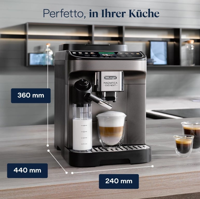 De’Longhi Magnifica Evo Next - Perfetto Kaffeevollautomat mit LatteCrema-Milchaufschäumer, 13 One-Touch-Getränke, Coffee- und Cappuccino Kaffeemaschine, farbiges Touch-Display, Titan 