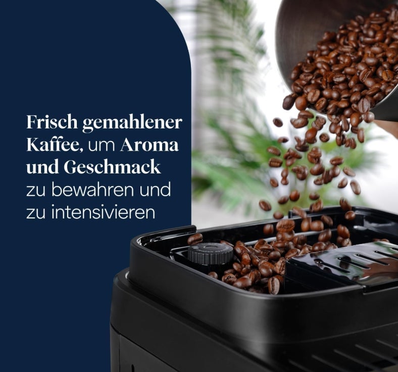 De’Longhi Magnifica Evo Next - Perfetto Kaffeevollautomat mit LatteCrema-Milchaufschäumer, 13 One-Touch-Getränke, Coffee- und Cappuccino Kaffeemaschine, farbiges Touch-Display, Titan 