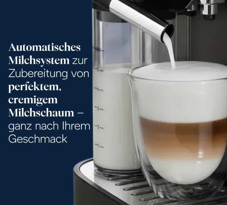 De’Longhi Magnifica Evo Next - Perfetto Kaffeevollautomat mit LatteCrema-Milchaufschäumer, 13 One-Touch-Getränke, Coffee- und Cappuccino Kaffeemaschine, farbiges Touch-Display, Titan 