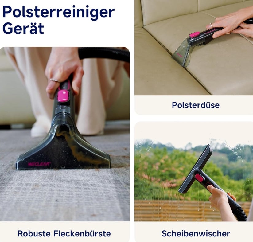 WECLEAN C3 Polsterreiniger Gerät,600W 18KPa Nasssauger Polsterreiniger mit 4 Bürsten, ideal für Teppich, Polster, Autoinnenreinigung, Ritzen & Ecken – Schwarz/Rosa