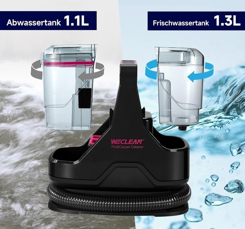 WECLEAN C3 Polsterreiniger Gerät,600W 18KPa Nasssauger Polsterreiniger mit 4 Bürsten, ideal für Teppich, Polster, Autoinnenreinigung, Ritzen & Ecken – Schwarz/Rosa