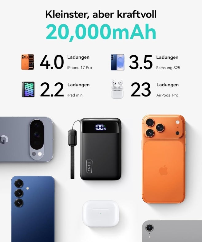 INIU Power Bank, Ultra Klein 20000mAh 22.5W Schnellladefunktion Power Bank iPhone, Mini Externe Handyakkus, Flugtauglich, Reise-Essential, Klein Aber Stark für iPhone 17 16 Pro, Samsung S25, iPad etc.