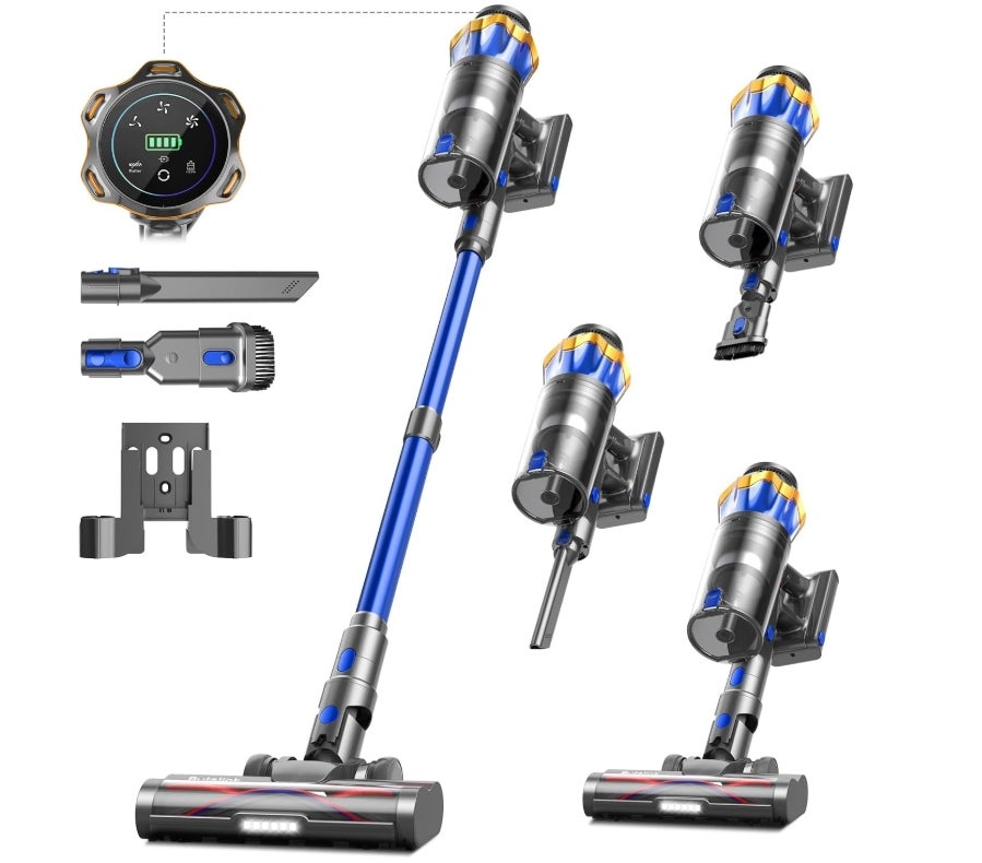 Akku Staubsauger 45000Pa/550W/65Min, 1,6L Staubsauger Kabellos mit Display, Anti-Tangle-Bürste, Selbststehend, Wandladestation, 8-Schicht-Filtration, Ultraleise, für Tierhaare/Teppiche/Hartböden/Auto 