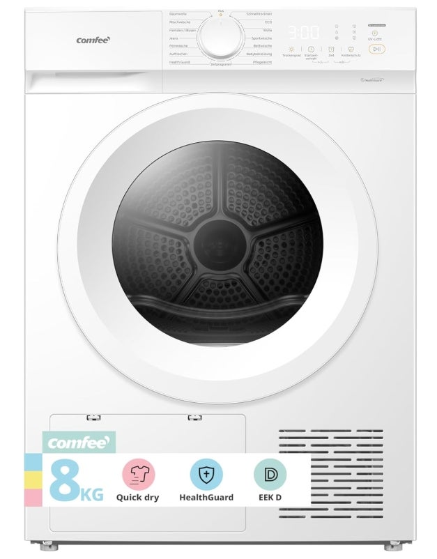 Comfee Wärmepumpentrockner, 8kg, Energieklasse D mit Wärmepumpentechnologie, UV-Licht für hygienische Reinheit, Auffrischen, LED-Display,Schnelltrocknen 