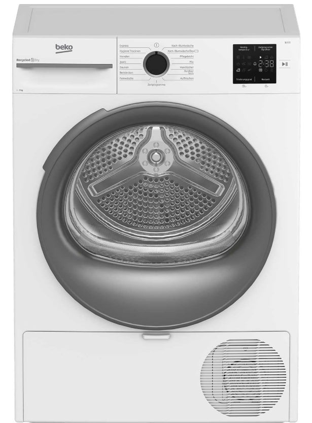 Beko BM3T37210W1 Wäschetrockner, 7 kg, Frontlader Wärmepumpentrockner, 15 Programme, Sensortrocknung, Säulenfähig, Aquawave Schontrommel 