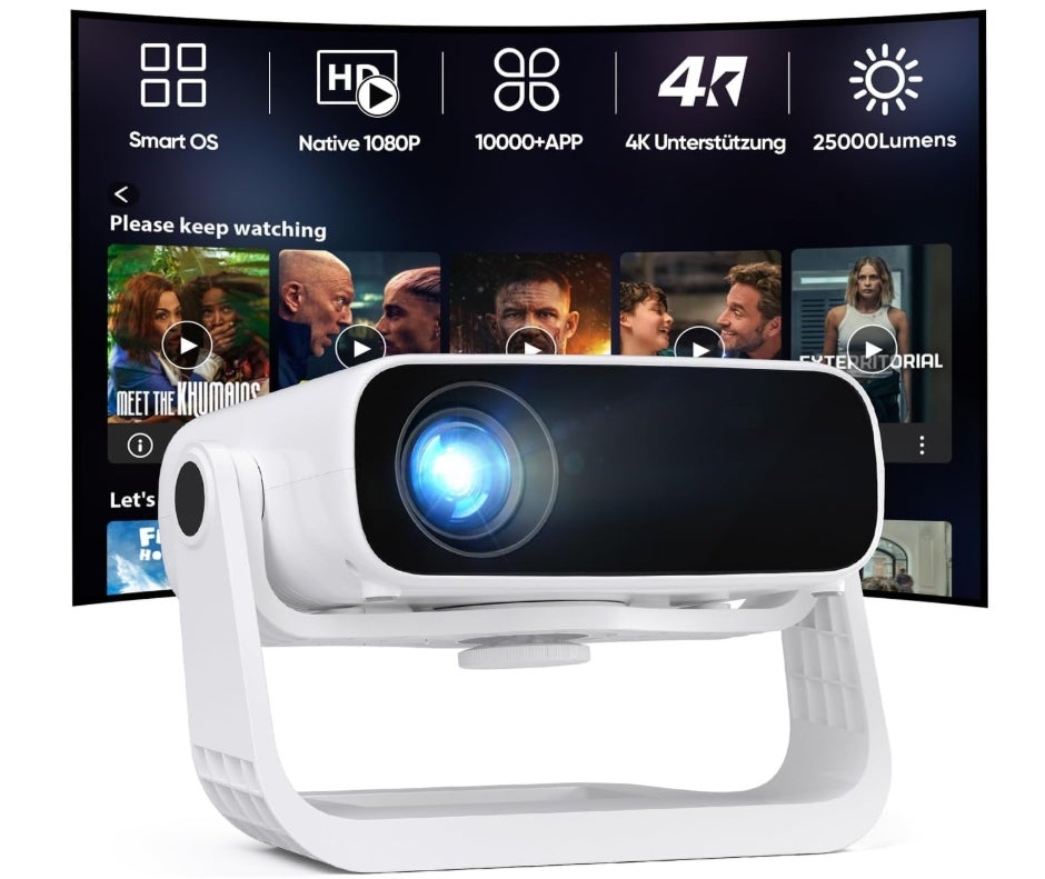 2026 Neuer Upgraded Smart Beamer Full HD 1080P, 25000 Lumens, Android 11，Integrierte Apps, 4D Trapezkorrektur，WiFi 6 & BT 5.2, Heimkino 4K Beamer mit 120° drehbarem Ständer für iOS/Android/Laptop 