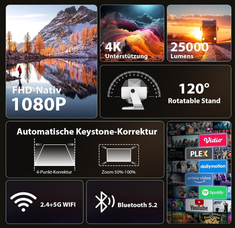 2026 Neuer Upgraded Smart Beamer Full HD 1080P, 25000 Lumens, Android 11，Integrierte Apps, 4D Trapezkorrektur，WiFi 6 & BT 5.2, Heimkino 4K Beamer mit 120° drehbarem Ständer für iOS/Android/Laptop 