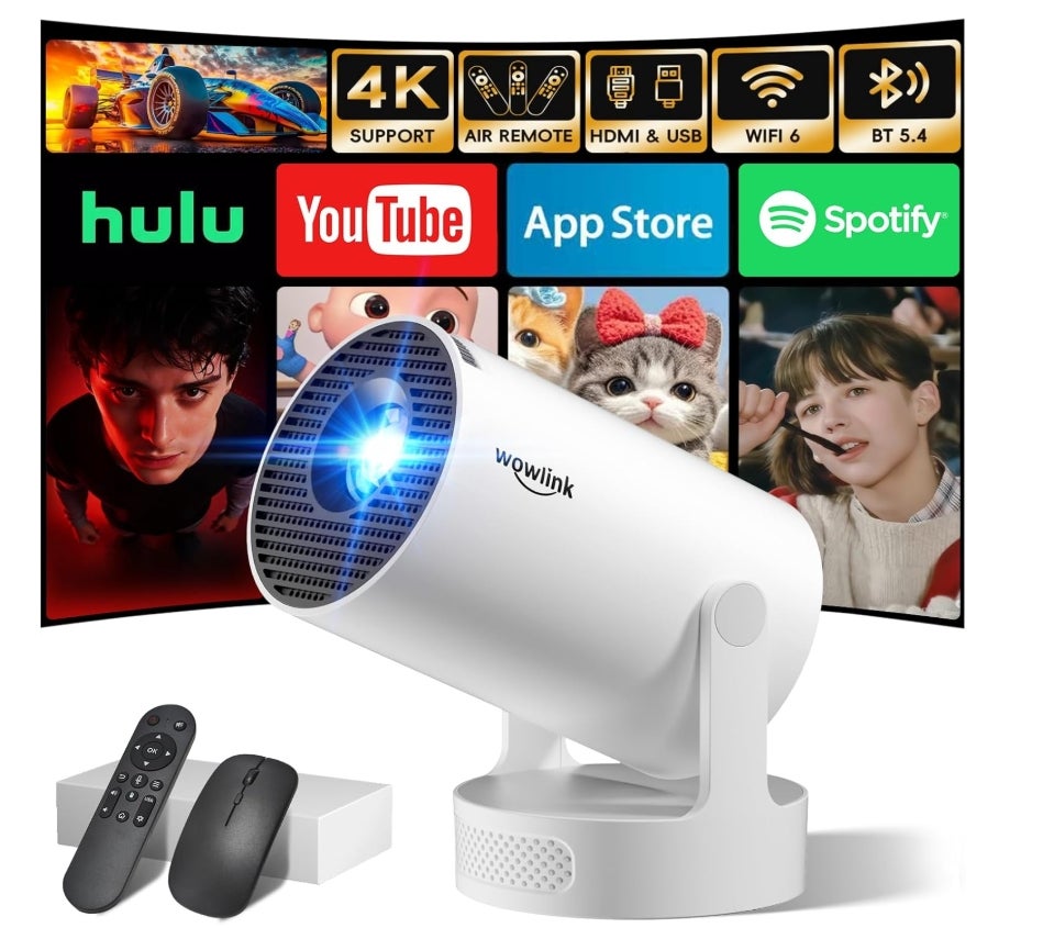 Mini Beamer Unterstützt 4K 1080P, Projektor Tragbarer mit WiFi 6 und Bluetooth 5.4, Beamer Klein Projektor Auto Keystone 180°Dreh Kompatibel mit HDMI/TV Stick/Memory Stick/Laptop, Weiß 