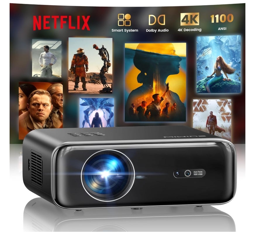 Smart Beamer mit Netflix, Dolby Audio, WiMiUS 1100 ANSI Autofokus/6D Trapezkorrektur Led Beamer 4K Heimkino Unterstützt, WiFi Bluetooth Full HD 1080P Outdoor Deckenmontage Projektor für Android/iPhone 