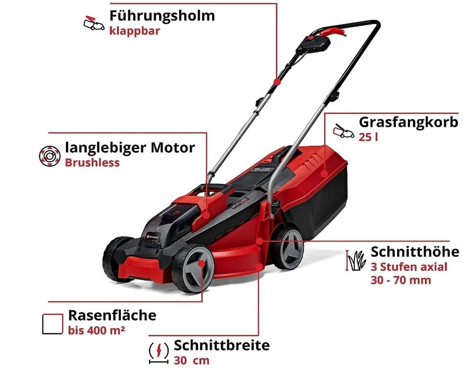 Einhell City Akku-Rasenmäher GE-cm 18/30 Li Kit Power X-Change (18 V, 30 cm Schnittbreite, bis 150 m², Brushless, 25L Fangkorb, 30-70 mm Schnitthöhe, inkl. 3,0 Ah Akku + Ladegerät) 