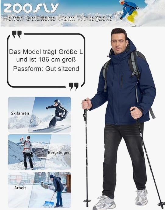 Winterjacke für Herren Skijacke Warm Wasserdicht Outdoor jacken Männer Winddicht Snowboardjacke mit Abnehmbarer Kapuze 