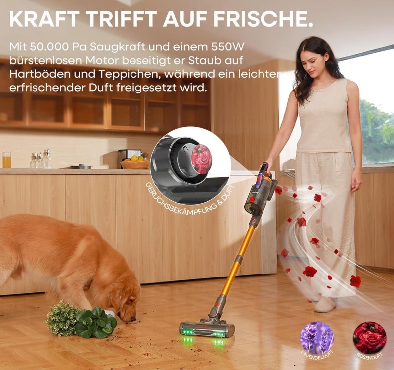 KIPMAX Akku Staubsauger 50000Pa/550W/70Min,1.5L Staubsauger Kabellos mit Display,Anti-Tangle-Bürste,7-Schicht-Filtra & 2 Duftplatten,Selbststehend Akkustaubsauger für Teppiche/Tierhaar/Hartböden 