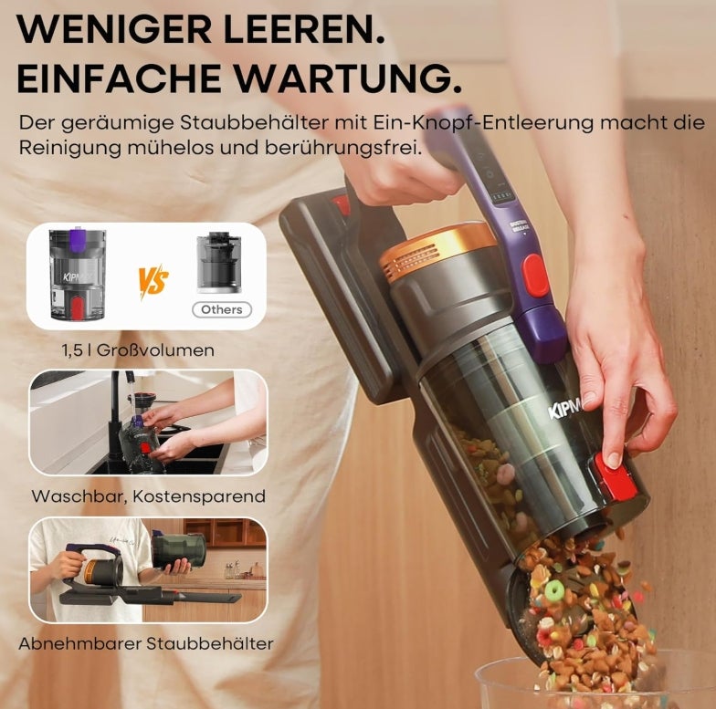 KIPMAX Akku Staubsauger 50000Pa/550W/70Min,1.5L Staubsauger Kabellos mit Display,Anti-Tangle-Bürste,7-Schicht-Filtra & 2 Duftplatten,Selbststehend Akkustaubsauger für Teppiche/Tierhaar/Hartböden