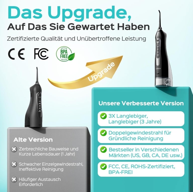COSLUS Munddusche Kabellos Trragba Elektrische C20(F5020E): 300ML WassertankTestsieger 2026 IPX7 Wasserdicht für Oral Health Enthusiasten Tägliche Tiefenreinigung Reinigung 5 Multifunktionale Jet-Tipp 