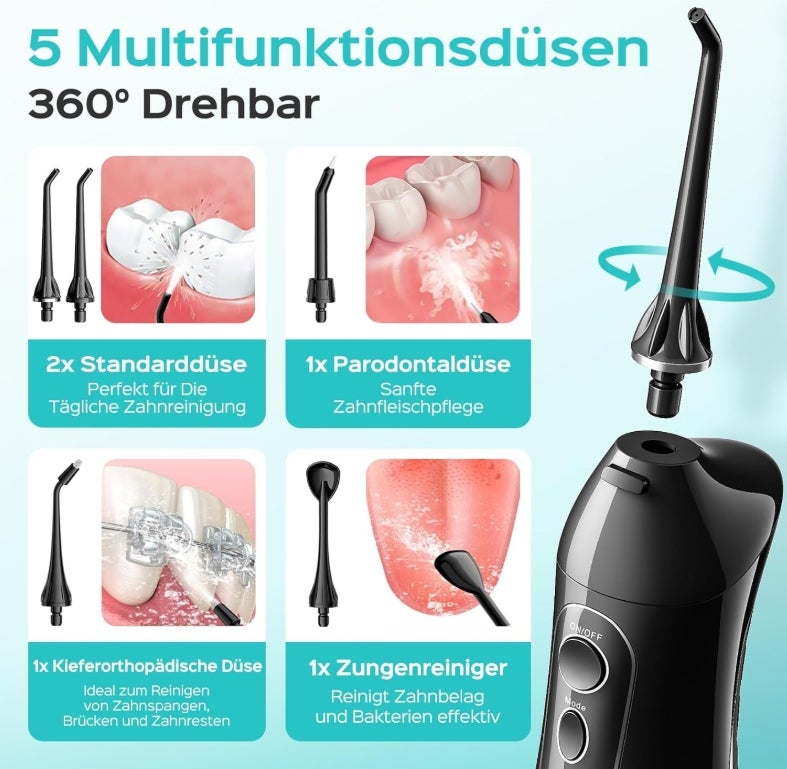 COSLUS Munddusche Kabellos Trragba Elektrische C20(F5020E): 300ML WassertankTestsieger 2026 IPX7 Wasserdicht für Oral Health Enthusiasten Tägliche Tiefenreinigung Reinigung 5 Multifunktionale Jet-Tipp 