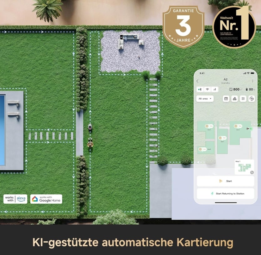 DREAME A2 1200 Mähroboter – kabellos ohne RTK, für Flächen bis zu 1200 m², mit 360° 3D-LiDAR & KI-Vision, Steigfähigkeit bis zu 50% (26,5°), u-förmiger Mähpfad, 5 cm EdgeMaster-Präzisionsschnitt 