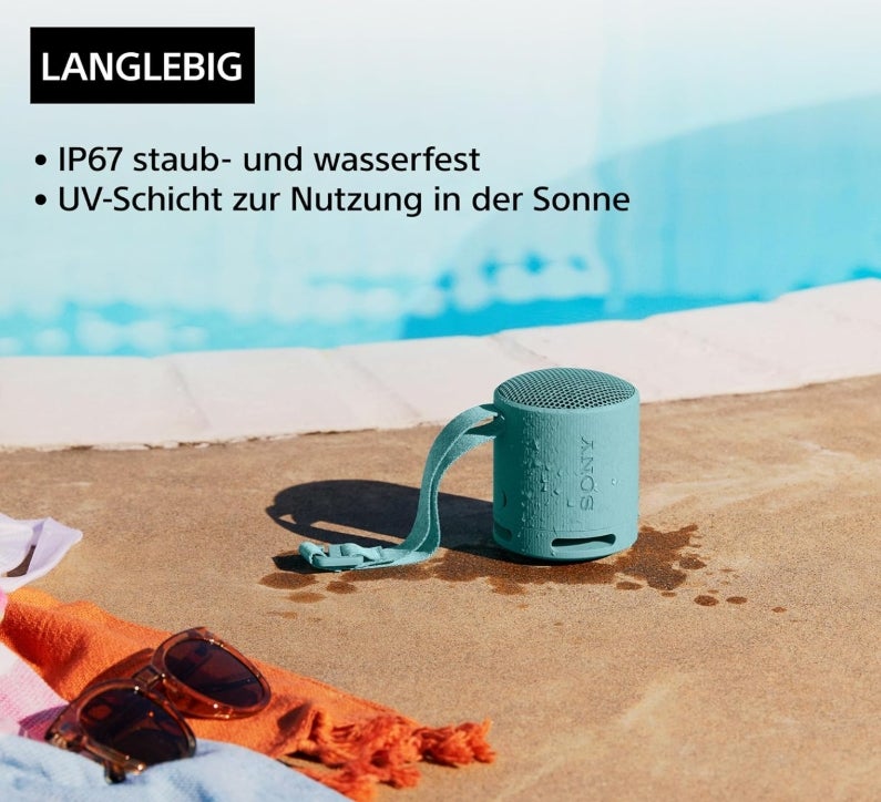 Sony SRS-XB100 - Kabelloser Bluetooth-Lautsprecher, tragbar, leicht, kompakt, Outdoor, Reise-Lautsprecher, langlebig, IP67 Wasser- und staubdicht, 16 Std Akku, Trageriemen, Freisprechfunktion