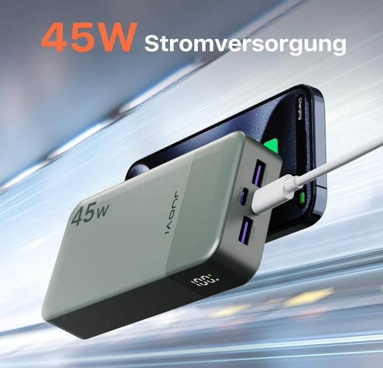 JUOVI Tragbare Powerbank 20000mAh Schnellladefunktion, 45W Akku Pack Power Bank Schnellladen 2 USB-C 2 USB-A mit LED-Anzeige, Akkubank Kompatibel mit Smartphone, Laptop, Tablet, Notebook 
