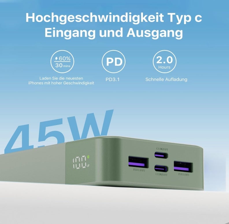 JUOVI Tragbare Powerbank 20000mAh Schnellladefunktion, 45W Akku Pack Power Bank Schnellladen 2 USB-C 2 USB-A mit LED-Anzeige, Akkubank Kompatibel mit Smartphone, Laptop, Tablet, Notebook 