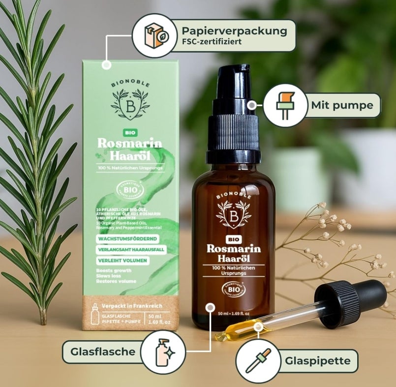 BIONOBLE Rosmarinöl Haare Bio - Fördert Haarwachstum, Verlangsamt Haarausfall, Kopfhaut Öl - Hair Oil mit Rosmarin Öl und Rizinusöl 
