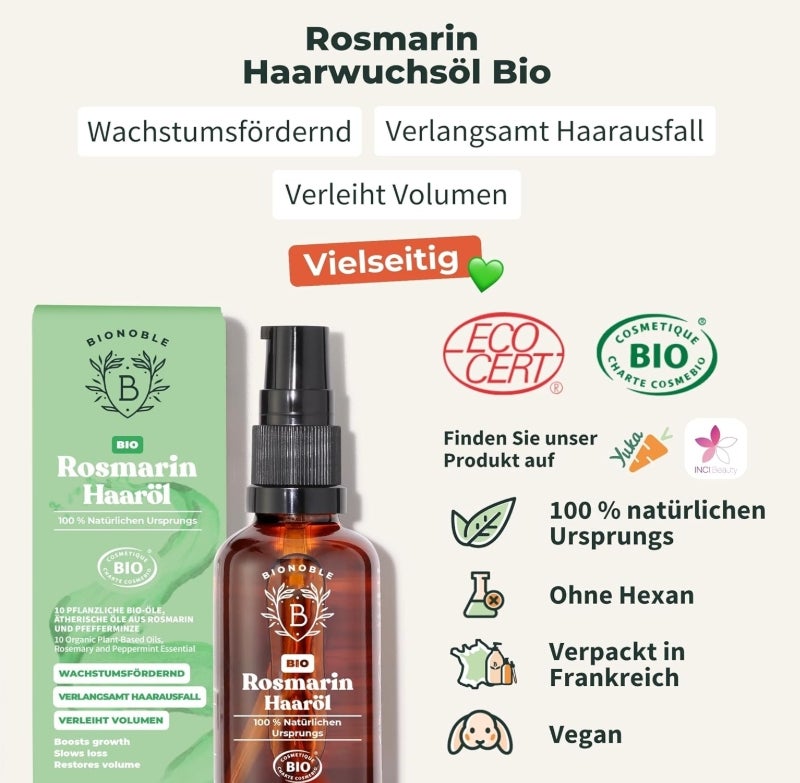 BIONOBLE Rosmarinöl Haare Bio - Fördert Haarwachstum, Verlangsamt Haarausfall, Kopfhaut Öl - Hair Oil mit Rosmarin Öl und Rizinusöl 