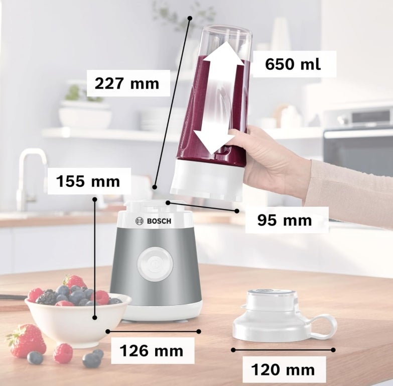 Bosch Mini-Standmixer, Smoothie Maker, Mini-Highspeed-Mixer, bis zu 40.000 rpm, 450 W, ToGo-Flasche, 4-Klingen-Messer, spülm. Teile, Made in Europe 