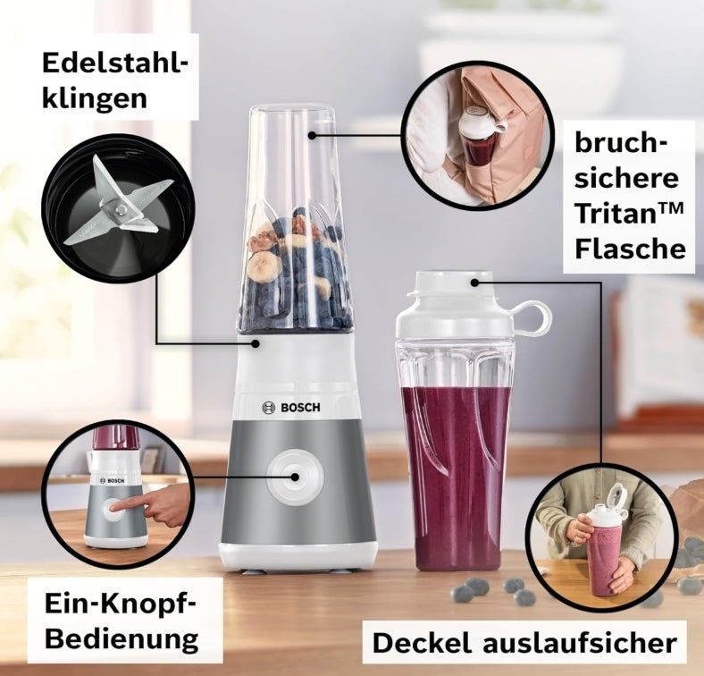 Bosch Mini-Standmixer, Smoothie Maker, Mini-Highspeed-Mixer, bis zu 40.000 rpm, 450 W, ToGo-Flasche, 4-Klingen-Messer, spülm. Teile, Made in Europe 