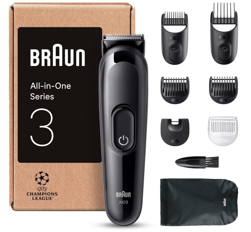 Braun All-in-One Series 3, 8-in-1 Multigroom, Barttrimmer, Haarschneider, Haarschneidemaschine für Gesicht und Kopf, 50 Min Akku, 14 Längen (3–21 mm), AIO3545, Schwarz 