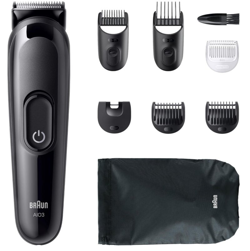 Braun All-in-One Series 3, 8-in-1 Multigroom, Barttrimmer, Haarschneider, Haarschneidemaschine für Gesicht und Kopf, 50 Min Akku, 14 Längen (3–21 mm), AIO3545, Schwarz 
