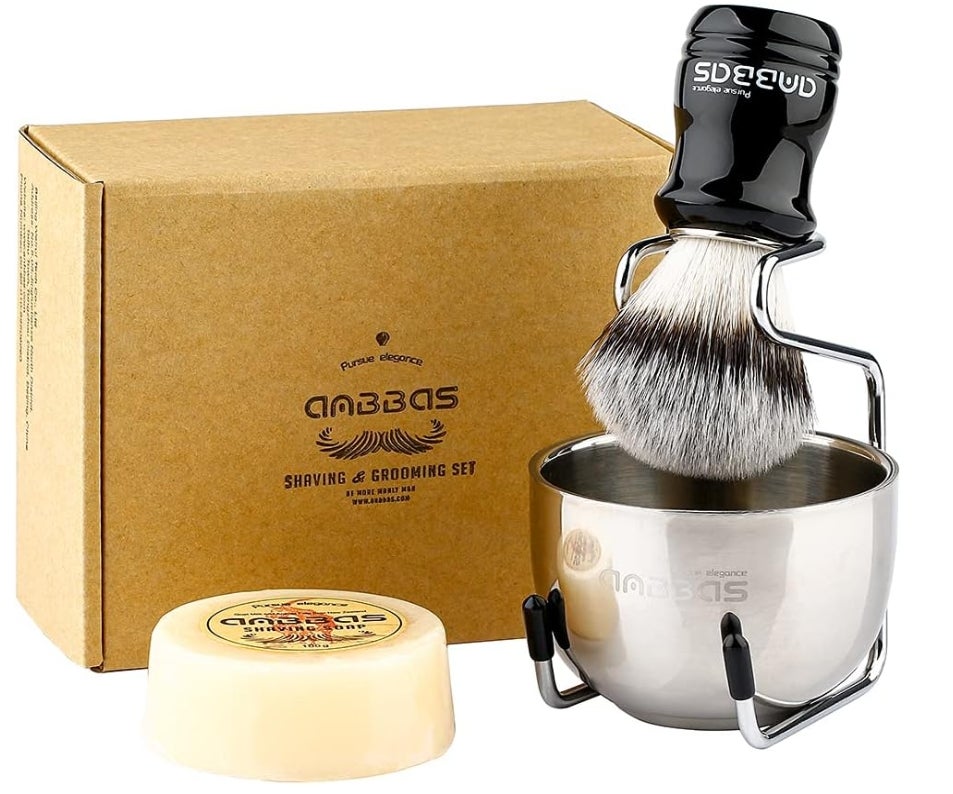 Anbbas 4IN1 Rasierset mit Rasierpinsel Kunsthaar Rasierseife Rasierschale und Rasierständer perfekt Geschenk für Herren Rasur 