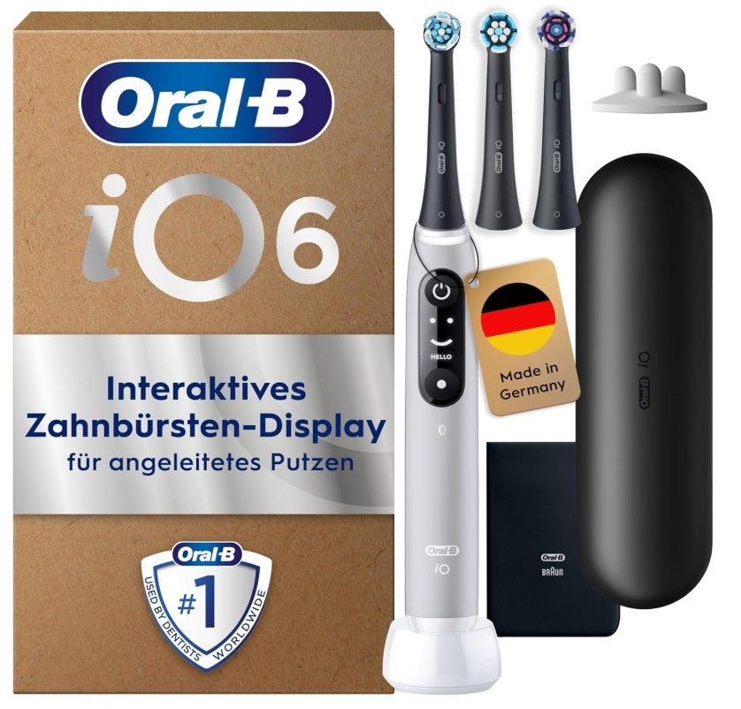 Oral-B iO Series 6 Elektrische Zahnbürste — Electric Toothbrush, Inkl. 3 Aufsteckbürsten und Reise-Etui — 5 Putzmodi für Zahnpflege, Zahnbürste Elektrisch, Designed by Braun, Grau 
