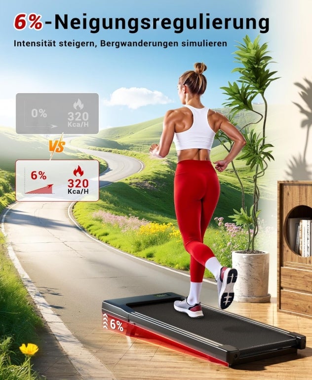 Superun Walking Pad mit Steigung 6% – Laufband für Zuhause max 6km/h & 12km/h mit App und Fernbedienung – Laufband Schreibtisch max 136 kg mit Multi-Runner-Rennen und Training Courses 