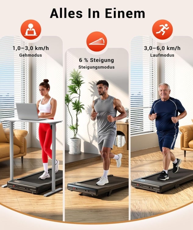 Superun Walking Pad mit Steigung 6% – Laufband für Zuhause max 6km/h & 12km/h mit App und Fernbedienung – Laufband Schreibtisch max 136 kg mit Multi-Runner-Rennen und Training Courses 