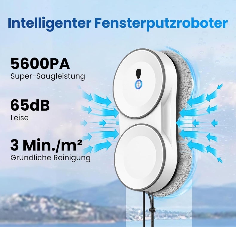 GAGAFEEL Fensterputzroboter, 5600 Pa fensterroboter, 3 Reinigungsmodi, mit Automatische Doppel-Sprühfunktion, Intelligente Navigation, Fernbedienung, mit 60ML Tank, für Glatte Oberflächen 