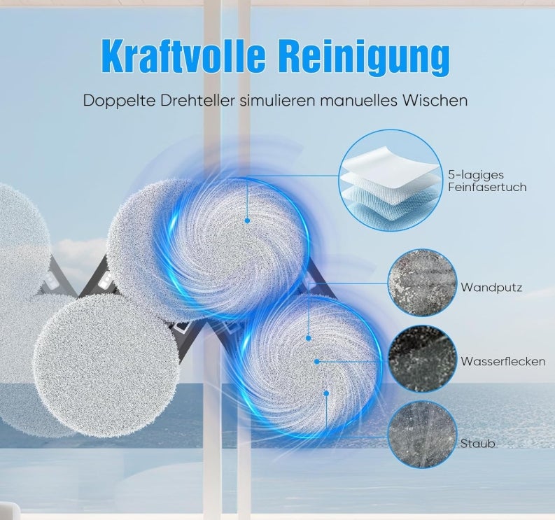 GAGAFEEL Fensterputzroboter, 5600 Pa fensterroboter, 3 Reinigungsmodi, mit Automatische Doppel-Sprühfunktion, Intelligente Navigation, Fernbedienung, mit 60ML Tank, für Glatte Oberflächen 