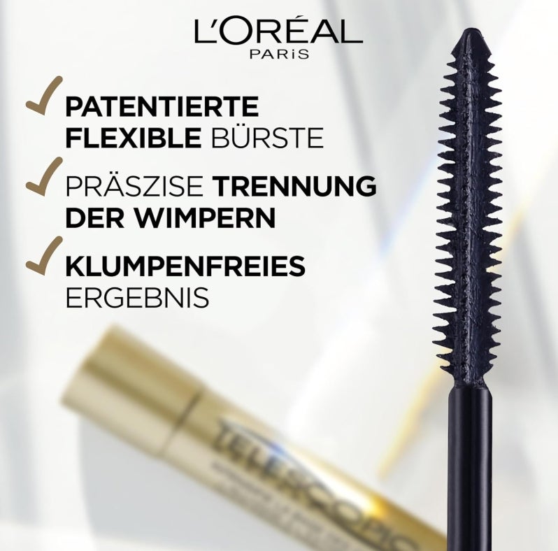 L'Oréal Paris Schwarze Wimperntusche für präzise getrennte Wimpern mit teleskopischer Länge, False Lash Telescopic Gold Mascara, Schwarz, 1 x 8 ml 